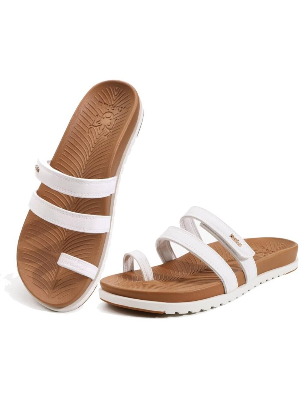 Women's White Brown Slides Sandals With Arch Support Comfort Plantar Fasciitis